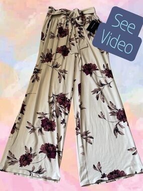 MAJORA Wide Leg Floral Pants NWT Paperbag Waist Cream Burgundy Soft Texture